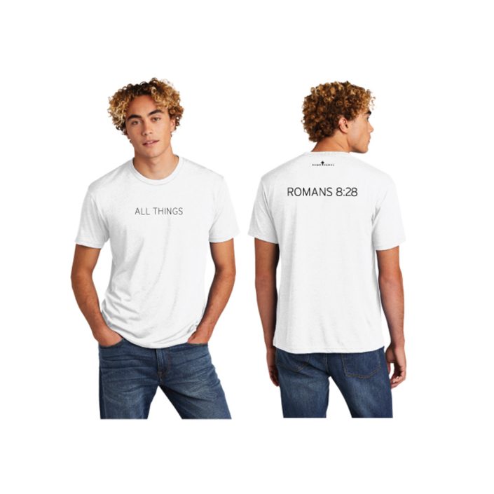 Male model wearing white T-shirt that reads All Things