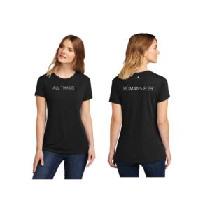 Female model wearing black T-shirt that reads All Things